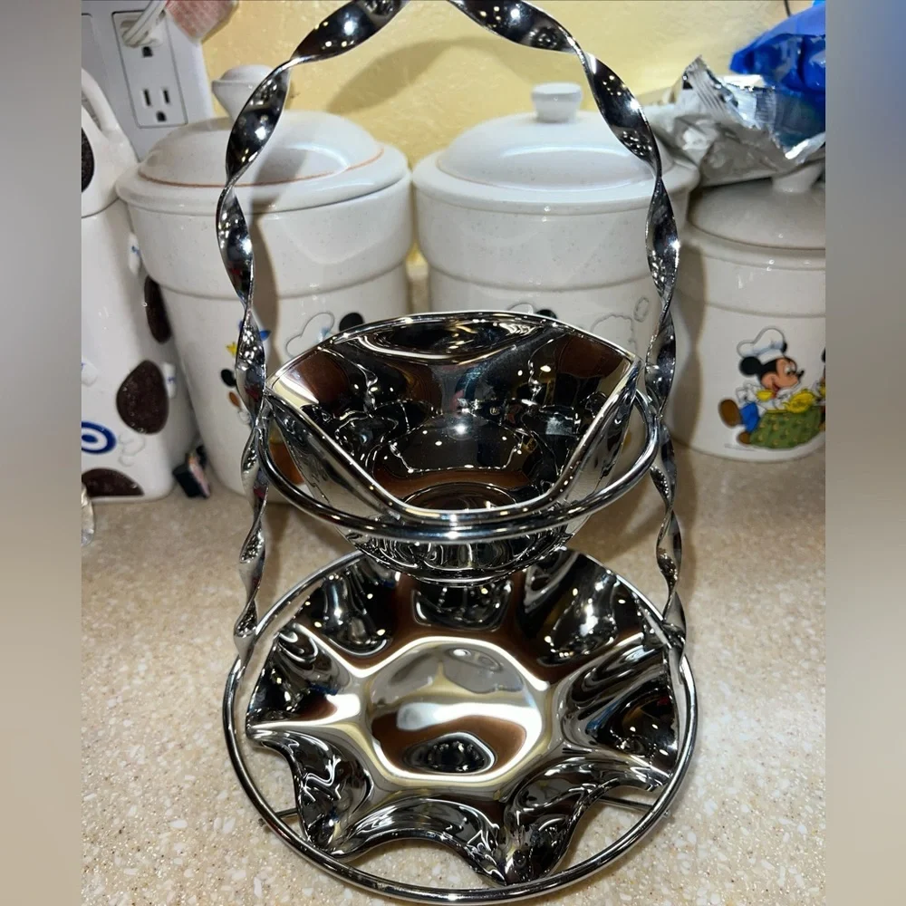 Vintage Sliver Toned Glass 2 Tier Dessert Candy Dish 10.5 Tall Non Tarnish